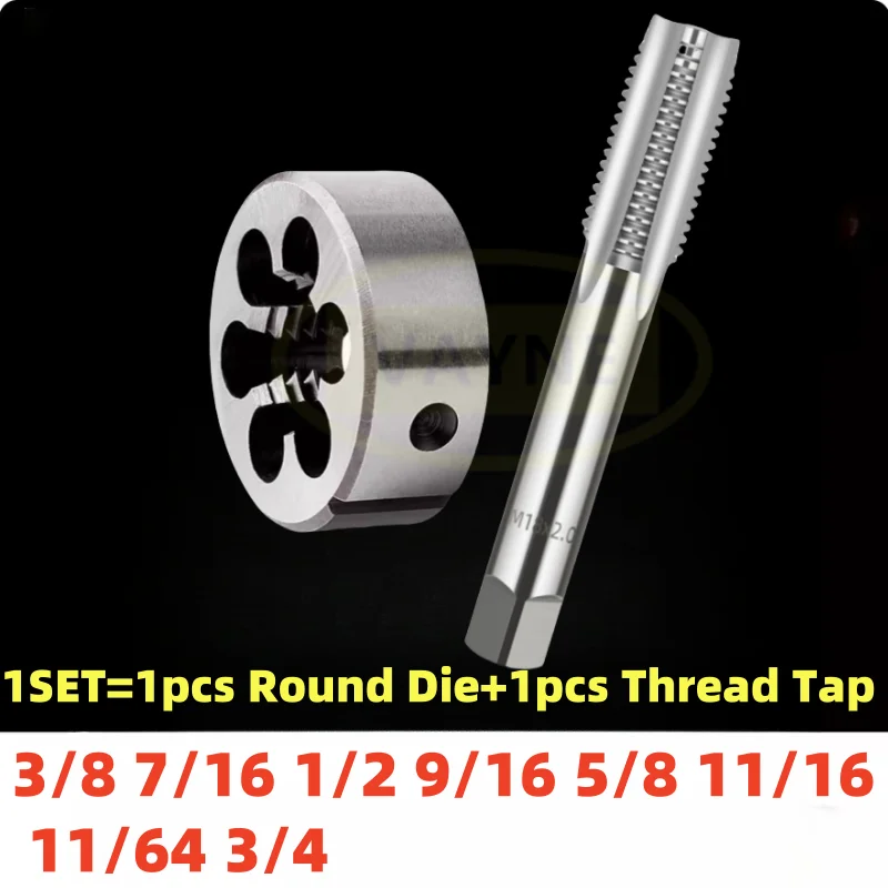 1Set American Screw Thread Tap and Die Set Fine Thread Round Die Taps Suit UNC UNF UNS 3/8 7/16 1/2 9/16 5/8 11/16 11/64 3/4