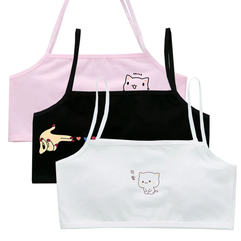 3pcs Cotton Thin Teenage Vest Girls Cartoon Print Bras Young Childrens Students Training Bras Maiden Kids Underwears Tank Tops