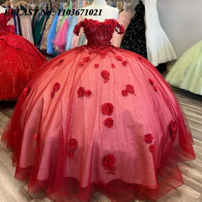 EVLAST Shiny 2024 Red Ball Gown Quinceanera Dress 3D Floral Applique Beading Diamonds Corset Sweet 16 Vestidos De 15 Anos SQ207