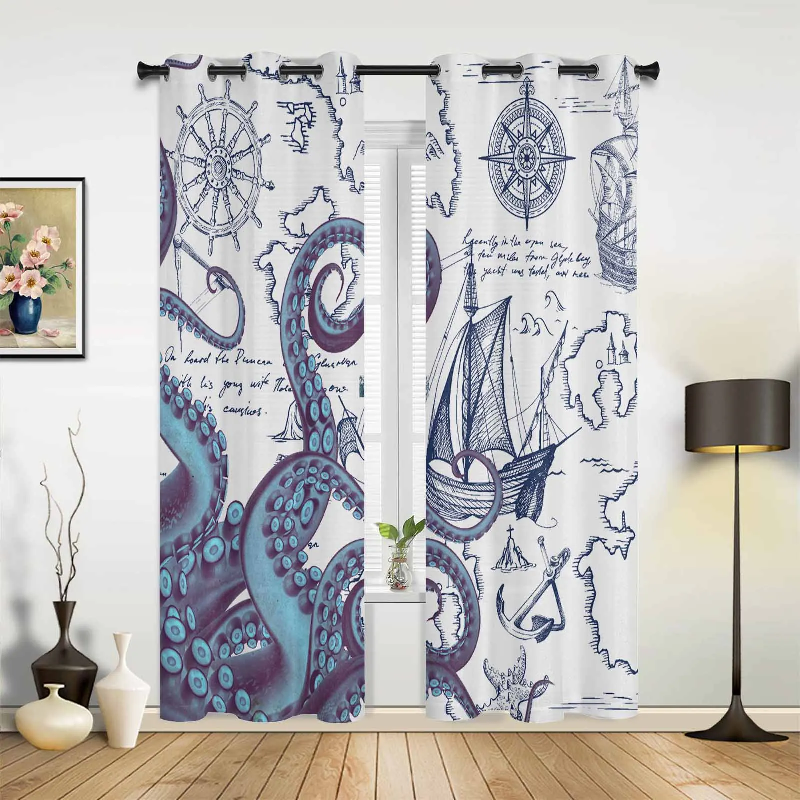 Pirate Ship Navigation Chart Octopus Tentacles Modern Window Curtains for Living Room Bedroom Curtain Home Decor Balcony Drapes