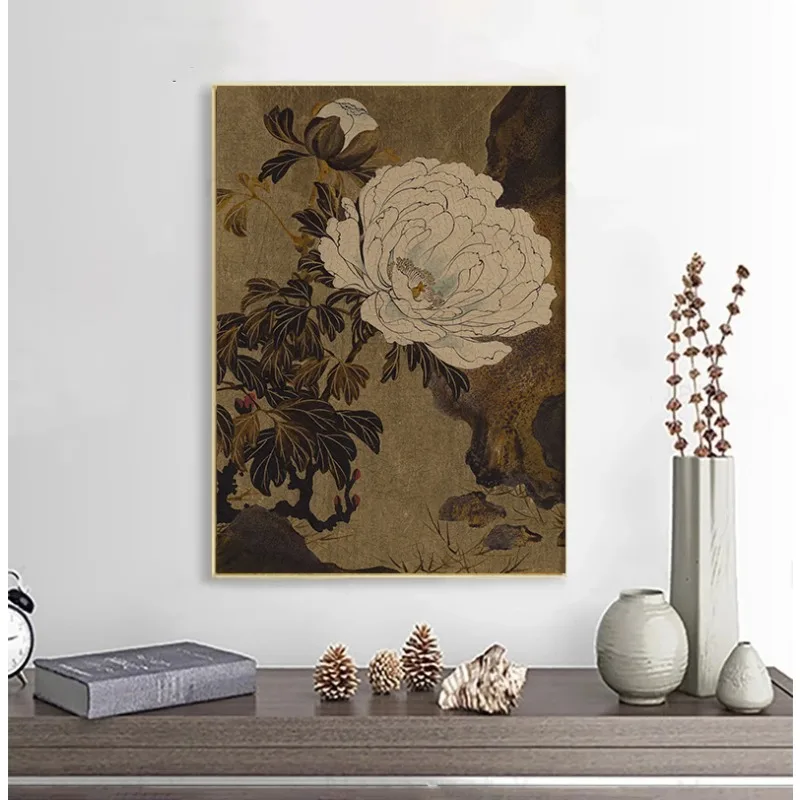 Vintage Spring Peonies Floral Poster Traditional Flower Botanical Canvas Painting Neutral Wall Art for Farmhouse Room Home Decor