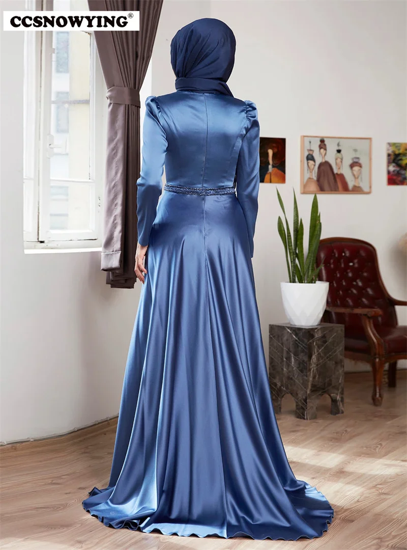 Baeded Dài Tay Hồi Giáo Váy Đầm Dạ Tiếng Ả Rập Dubai Satin Cổ Cao Hijab Hồi Giáo Dạ HộI Dự Tiệc Trang Trọng Áo Choàng Áo Dây De Soiree