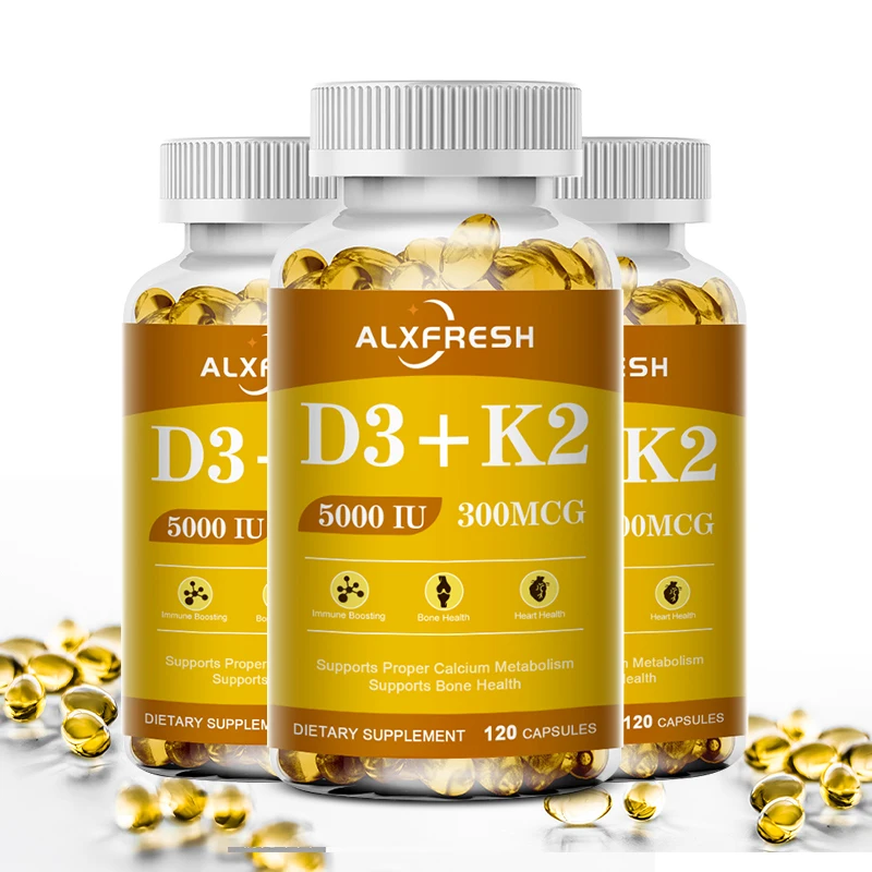 Vitamin D3+K2 5000 IU 300 MCG Vitamins Capsules | Non-GMO, Vegan, Nutural, Gluten-free | Health Supplement