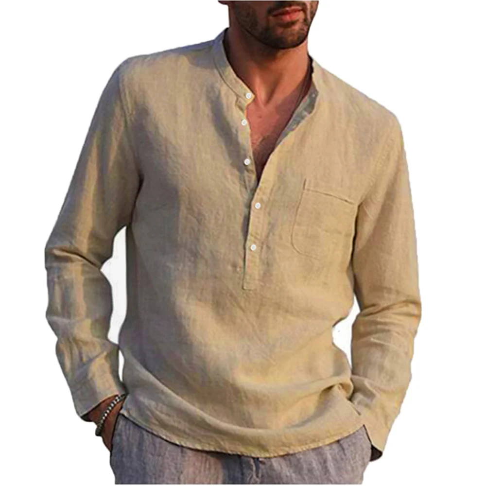 Cotton Line Hot Sale Men\'s Long-Sleeved Shirts Summer Solid Color  Stand-Up Collar Casual Beach Style Plus Size