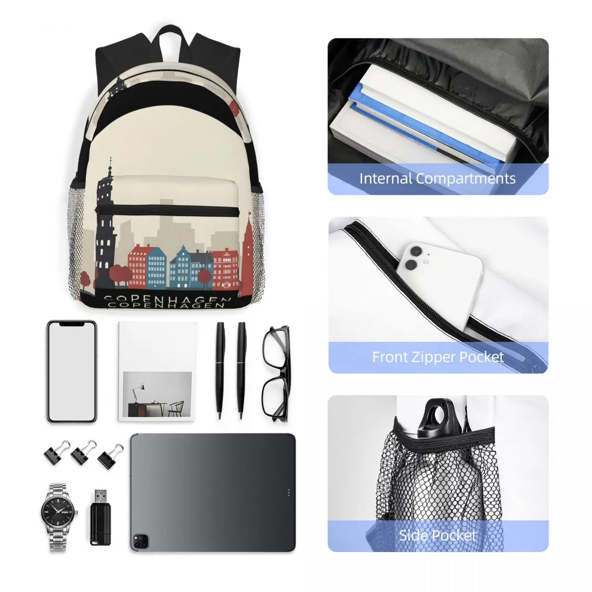 حقيبة ظهر كوبنهاغن للسفر أيقونة Daypack سعة كبيرة للأولاد والبنات حقيبة كتب مدرسية حقائب كتف للرجال والنساء #5