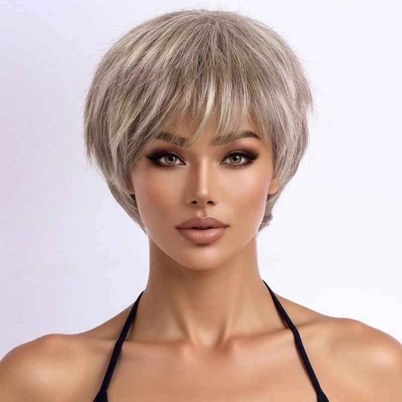Short for women, naturally fluffy full headpiece, age-reducing bob wig, unisex, cool and stylish, Korean-style men's hairsty