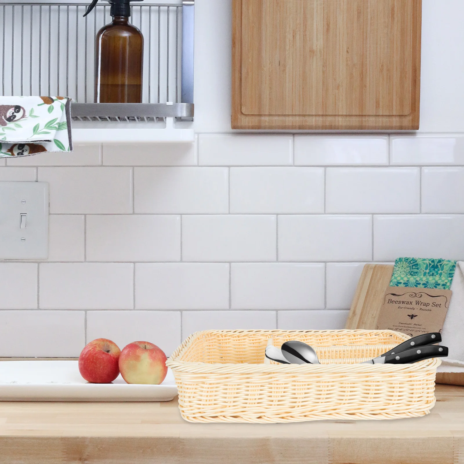 

Cutlery Basket Multi Compartments Imitation Rattan Kitchen Storage Container Safe Neat Tableware ganizer Household