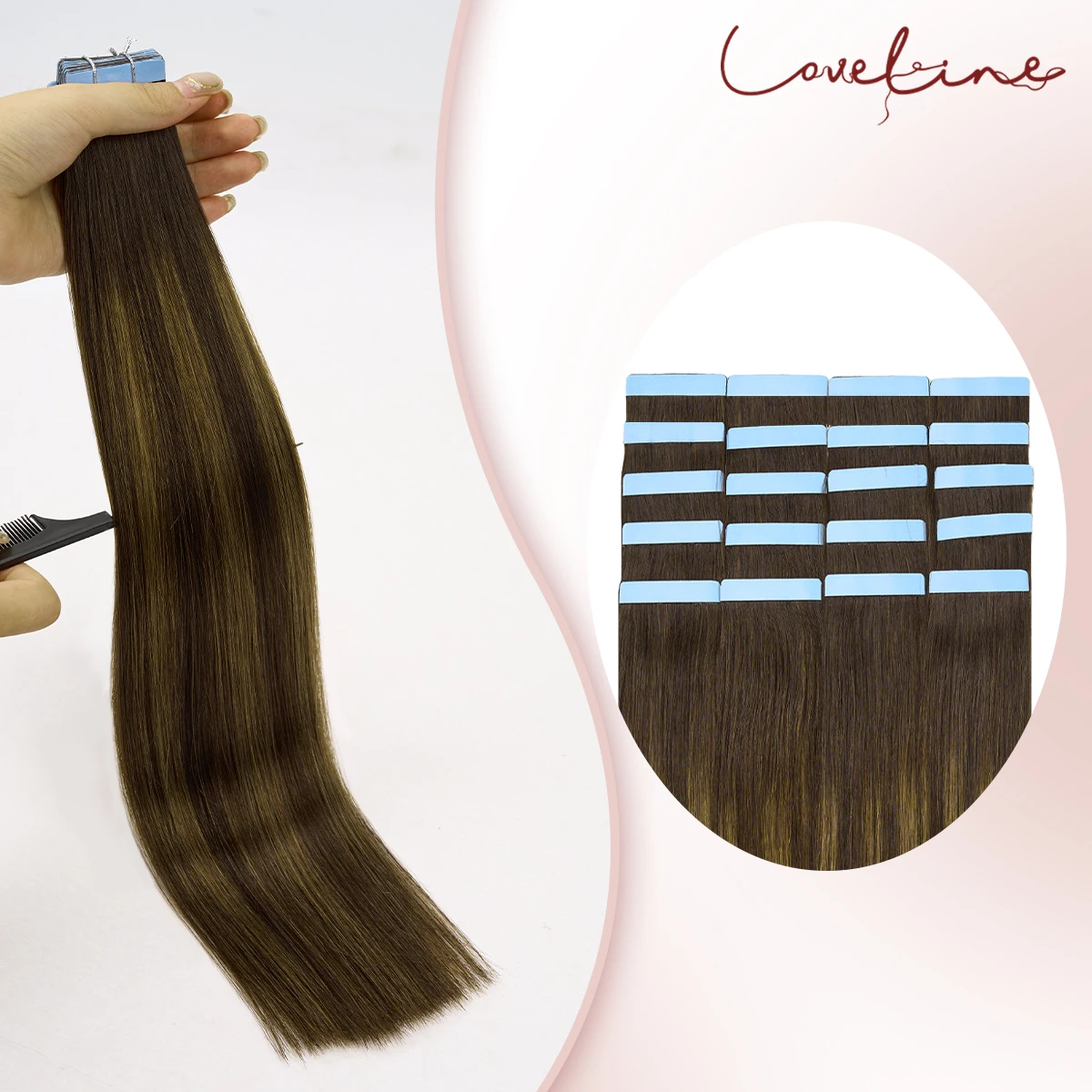 LOVELINE 100% شريط شعر بشري ملحقات 20 قطعة مستقيم ريمي Balayage 14–22 بوصة غير مرئي لحمة PU بدون خياطة لحمة مضافة