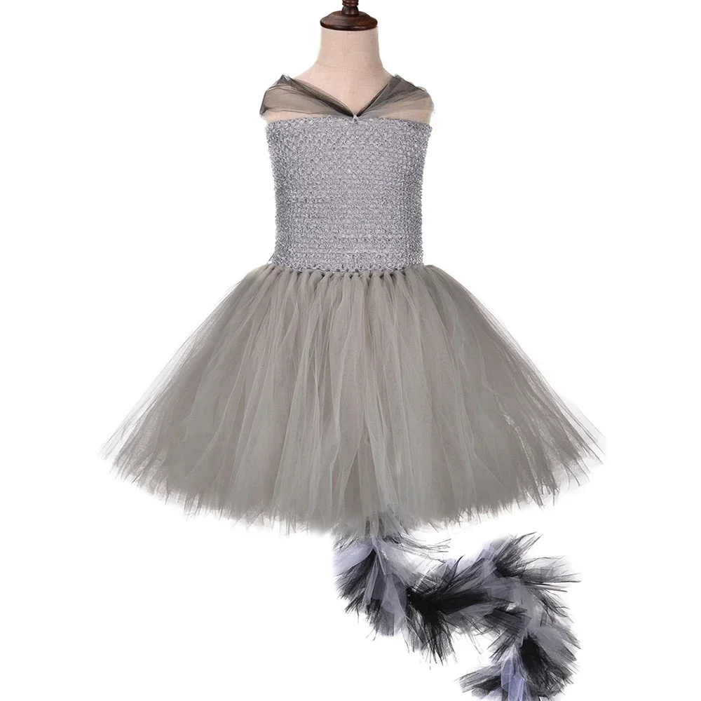 Grey Raccoon Costume Kids Tutu Dress with Tail Mask Toddler Girls Fancy Halloween Birthday Party Animal Dress Up Clothes Outfit