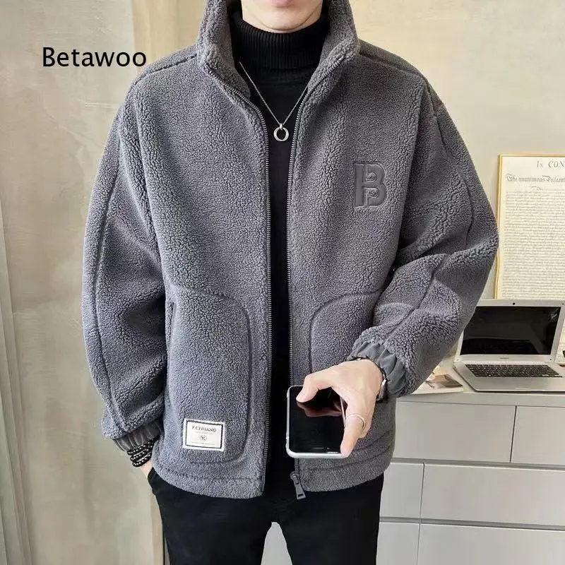 Korean Style Mens Fleece Lined Thick Cotton Coat Warm Stand Collar Outerwear For Autumn Winter Daily Street Casual Fashion Outfi