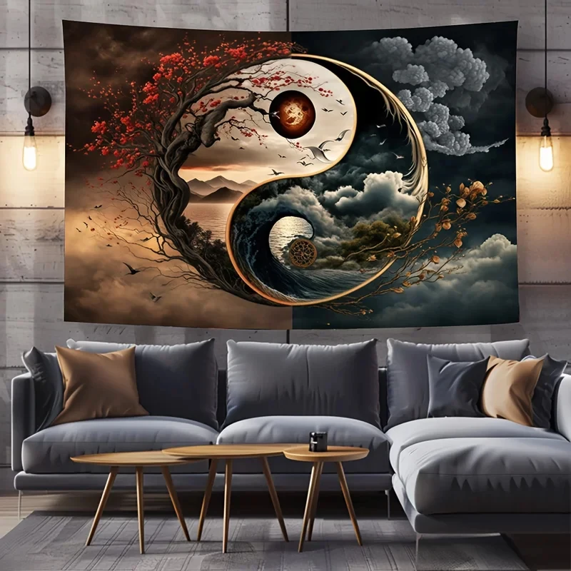 VIKAMA Yin Yang Nature Tapestry Tree of Life Landscape Wall Hanging Aesthetic Background Cloth for Home Decor