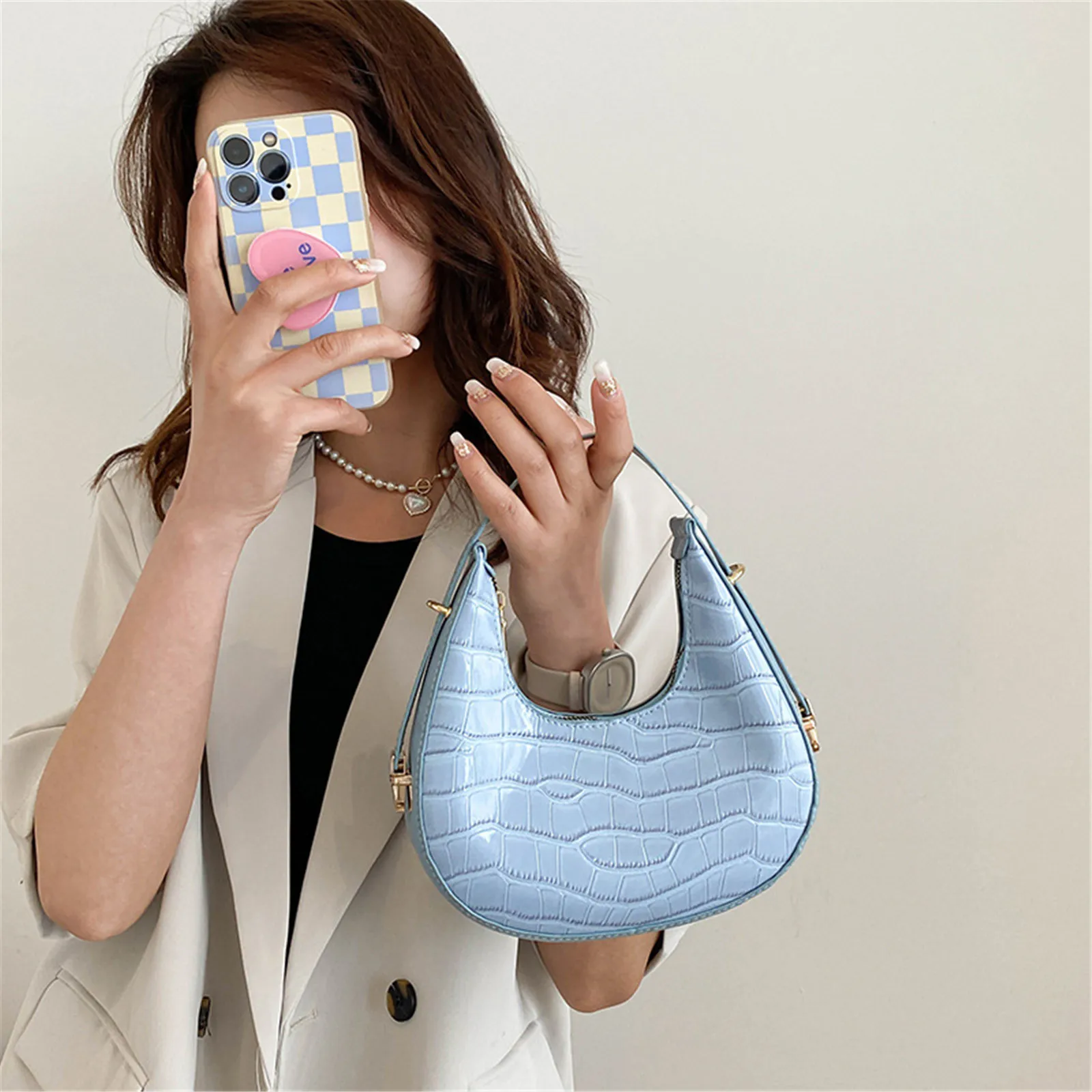 Fashion-Forward Shoulder Bags Stylish Stone-Texture Handbags Simple Solid-Colored Bags Pu Leather Popular Women Bags New 2024