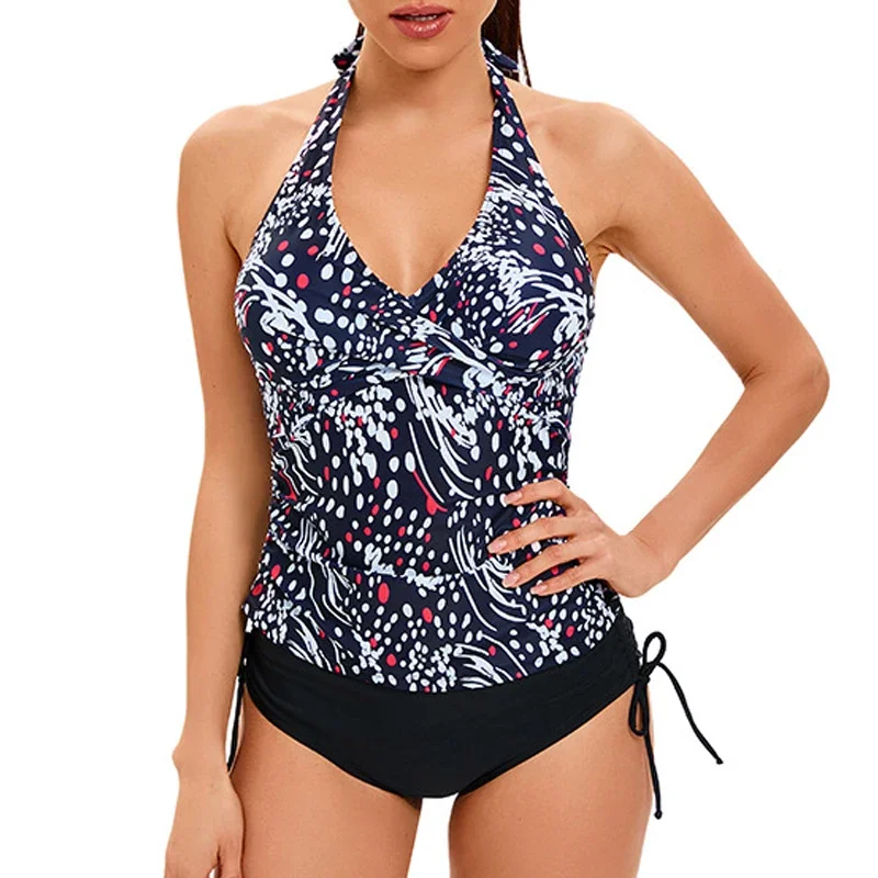 Tankini de 2 piezas con estampado Sexy para mujer, traje de baño conservador deportivo de cintura alta, Bikini con cordones, cuello en V, traje de baño Halter sin espalda 2024