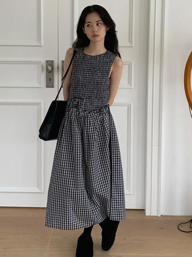 

Retro Patchwork Plaid Vest Dr Women's Summer New Small ence Waist Inward Long Dr Wooden Ear Design Sweater