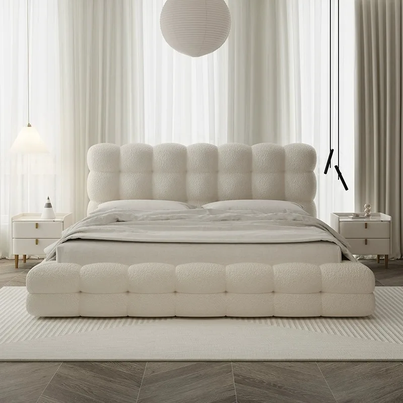 Marshmallow lamb wool bubble bed Internet celebrity soft bag puff bed Modern simple cream wind master bedroom double fabric bed