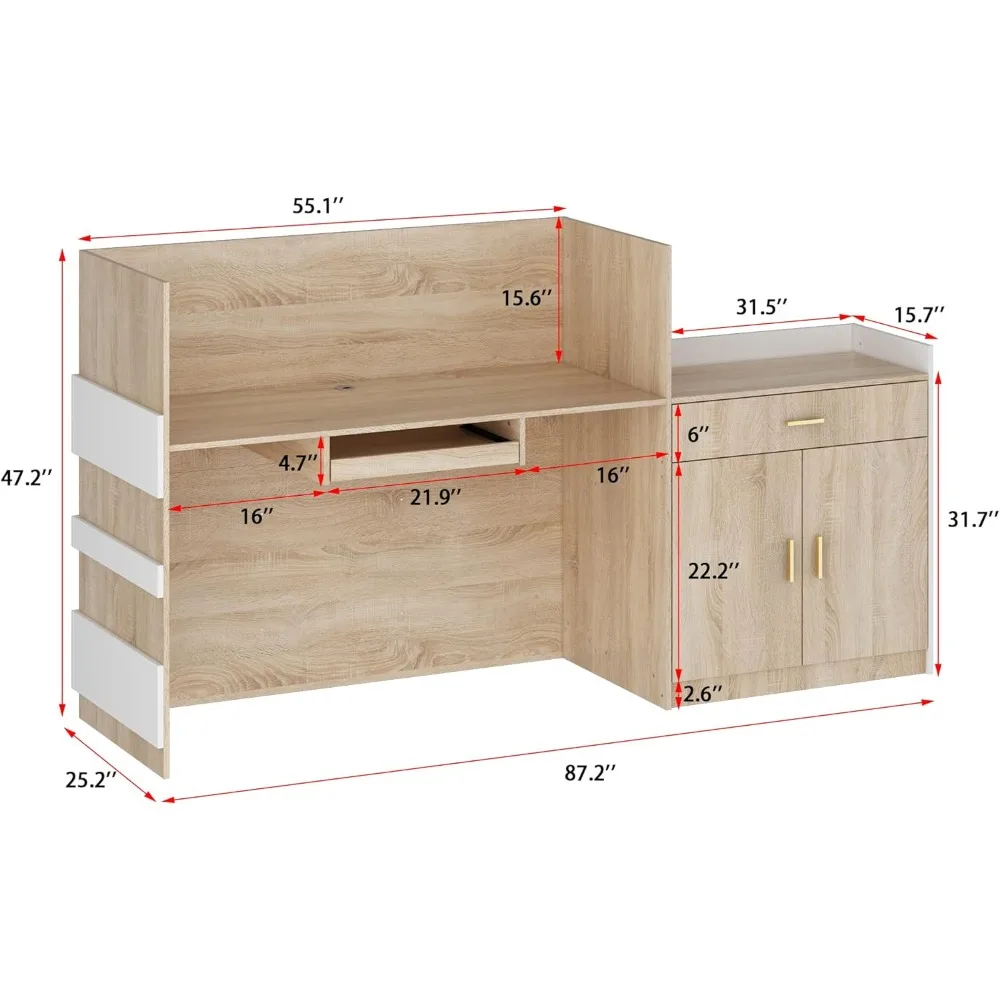 White Reception Desk with Counter, 87.2 inch Wide Front Desk with Drawer & Keyboard Tray, Checkout Counter Table, Salon