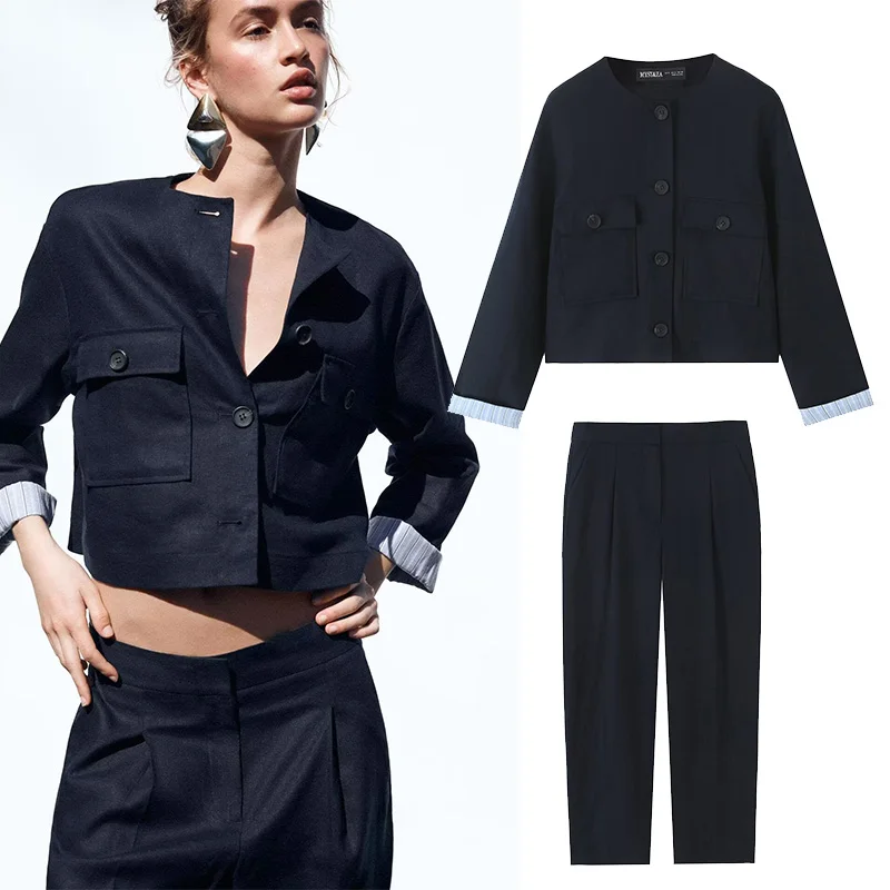 

TRAF Pleated Pants Set Women 2 Piece Patchwork O Neck Button Pocket Jacket Women's Trousers With Pocket Two Piece Set Female Set
