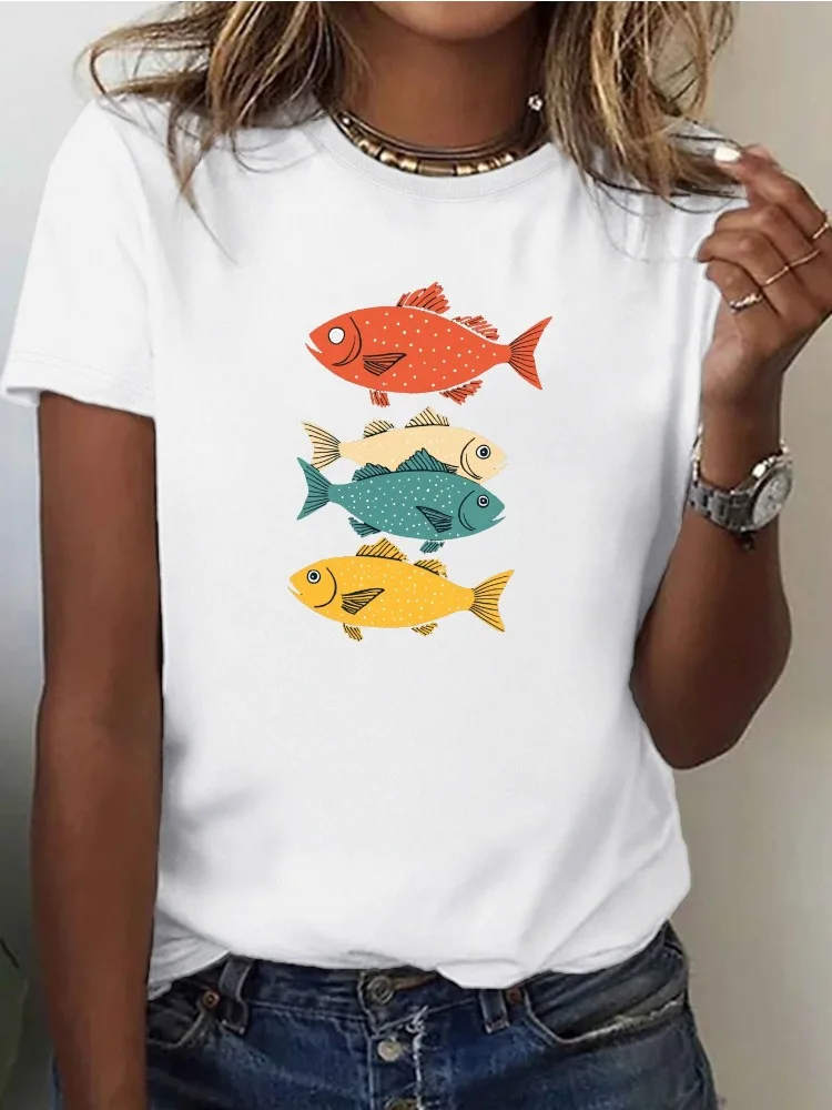 

Women's Solid Color T-Shirt with Colorful Stylized Fish Pattern Short Sleeve Round Neck Casual Fashionable and Versatile Shirt