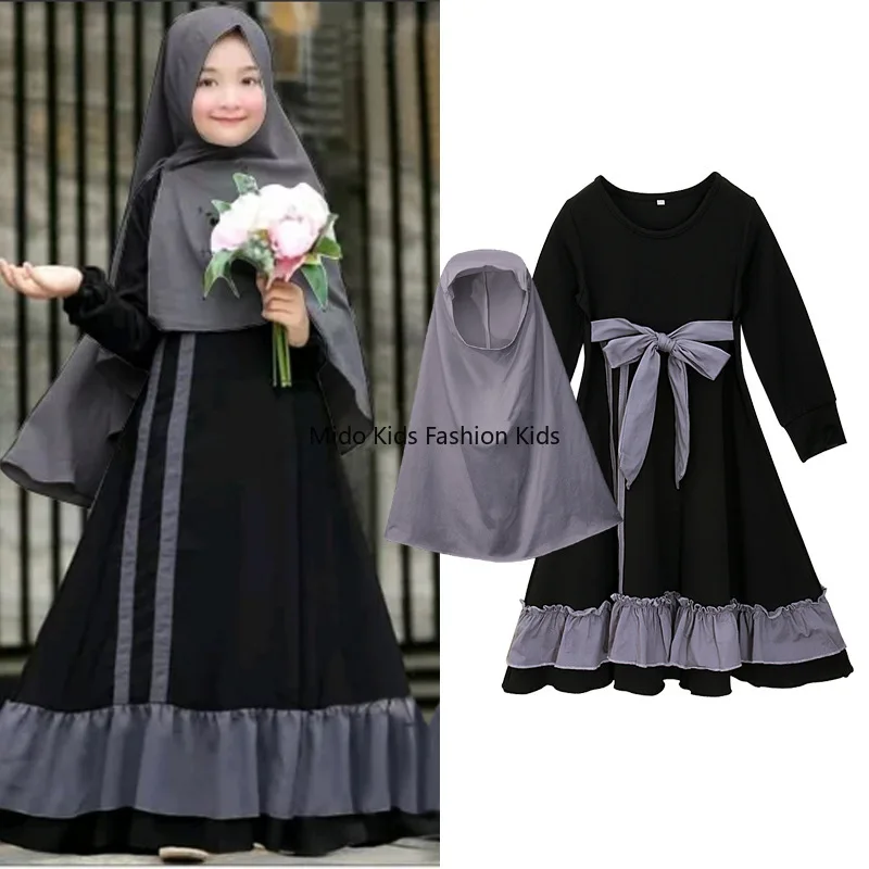 

Girls spring and autumn models long-sleeved dress long dress + solid colour headscarf two-piece children's clothing ins
