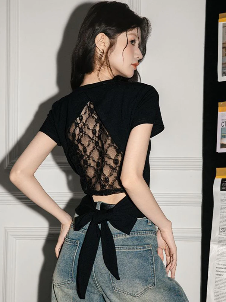 Jmprs Hollow Out Lace Y2K T Shirt Women Slim Sexy Cropped Back Bow Patchwork Tees American Vintage Casual Streetwear Black Tops