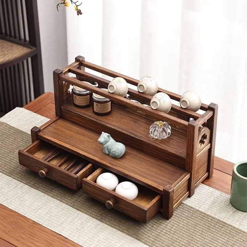 Wooden Teacup Holder Tea Accessory Organizer Chinese Pokou Shelf Tea Table Desk Storage Box Solid Wooden Shelf