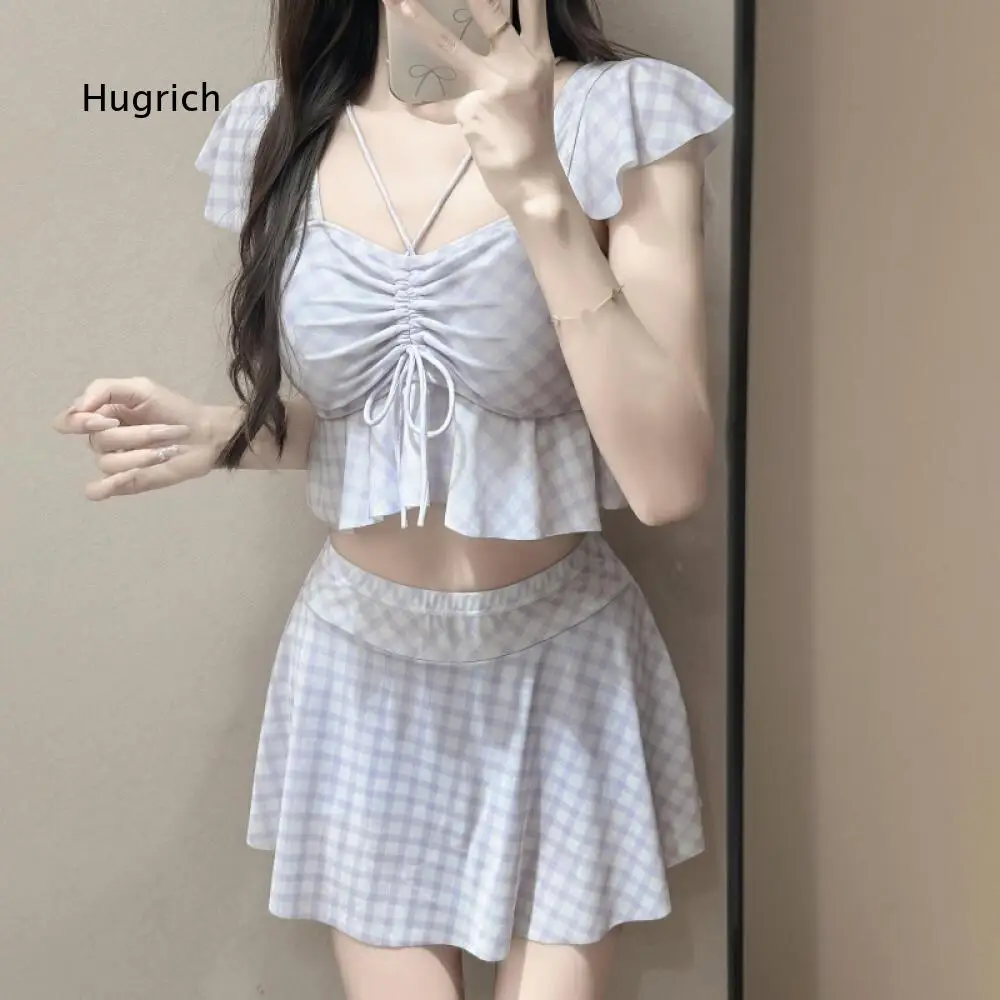 Vacation Beach Swim Set For Women Gingham Pattern Ruffle Short Sleeve Drawstring Ruched Top And Skirt Style Swim Bottom