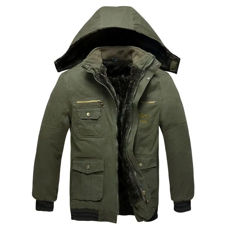 Winter 2024 Plush Military Windbreak with Hat Ski Hiking Thick Cotton Jacket for Winter Workwear Casual Outerwear Heat Coats