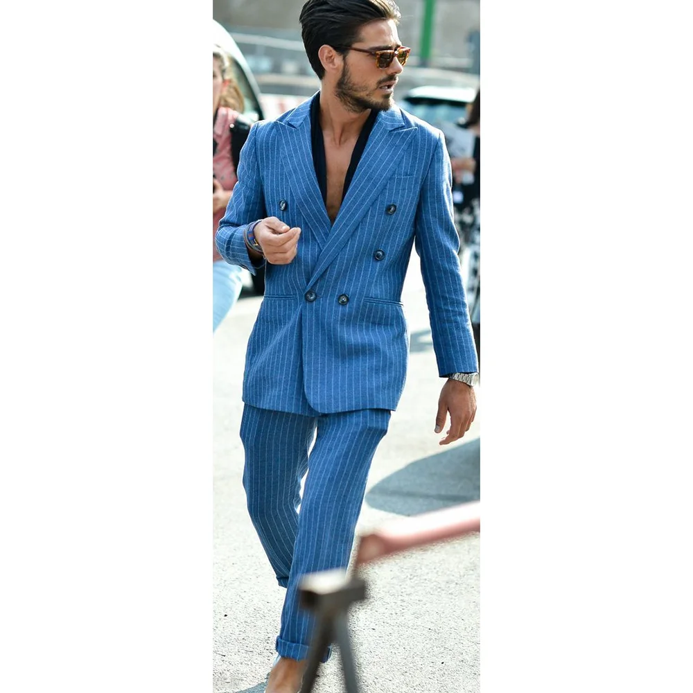 

Blue Men Suit Tailor-Made 2 Pieces Blazer Pants Double Breasted Pinstripe Wedding Groom Business Causal Prom Tailored