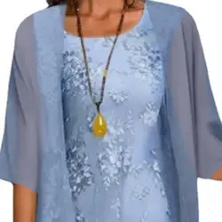 2pcs/Set Spring Summer Dress Women Formal Loose Cardigan Floral Print Large Hem Elegant Chiffon Dress Set Party