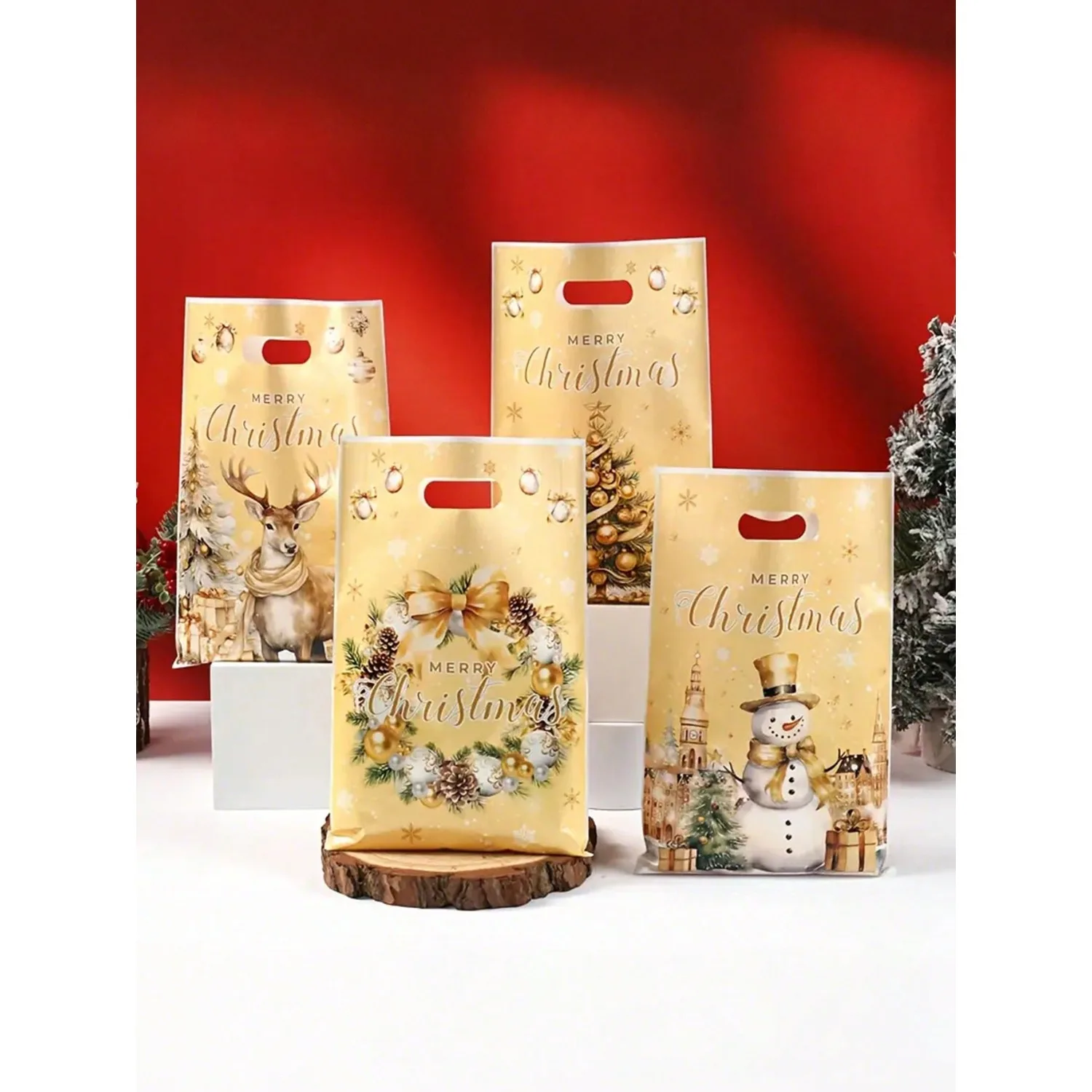 Elegante sacchetto regalo di Natale in oro! Disegni natalizi da 10 x 6,5 pollici sfusi (confezione da 10/25), perfetti per regali di Natale e feste.