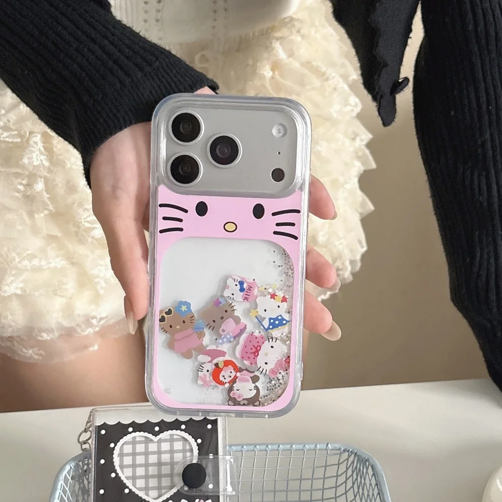 Sliding Block Pink Glitter Hello Kitty Phone Case for iPhone 17 Pro Max 15 16 13 14 Pro Max Protection Cover Cute Cartoon Funda view 2