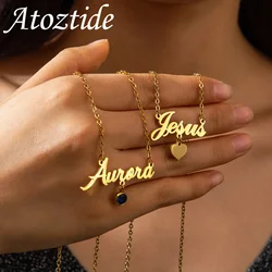 Atoztide Personalized Custom Name Necklace for Women Men Stainless Steel Hang Heart Stone Pendant Chain Birthday Jewelry Gift