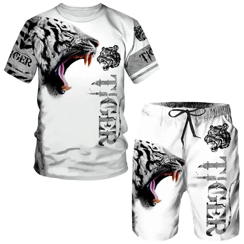 

3D Tiger Print Men's Short-sleeved T-shirt, Summer Shorts Set, Casual Top, Breathable Beach Sportswear, 2 Pieces, Brand New