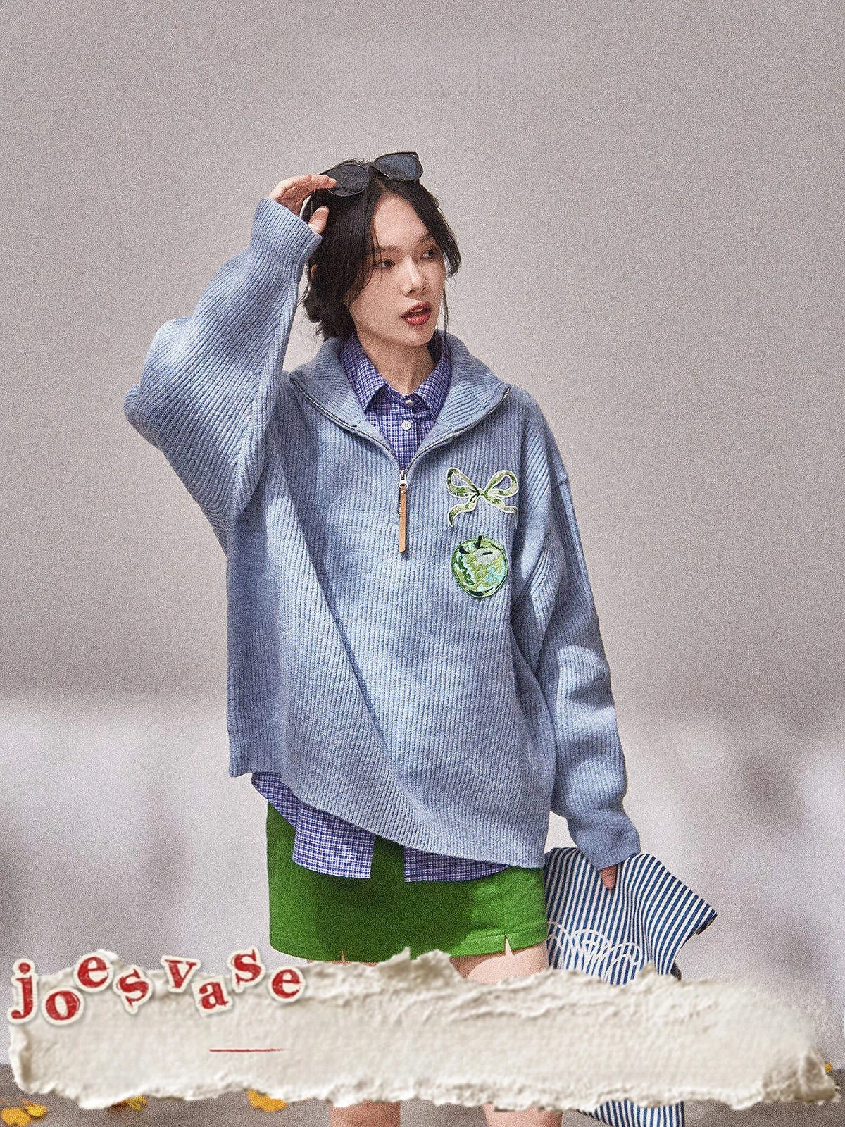 

Women's Knitted Sweater Milk Blue Medium Length Versatile Slimming Top Autumn New Sle Jiaohuazhen Heqing Faion Brand