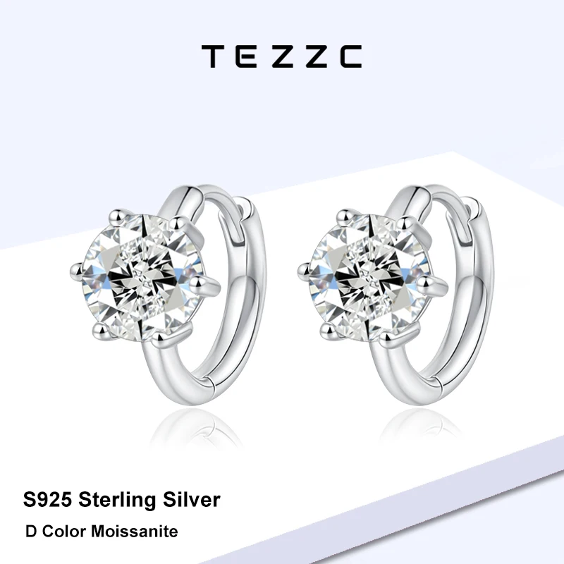 Tezzc 0.5/1CT Round Moissanite Huggie Hoop Earrings S925 Sterling Silver 6 Prong Solitaire Earrings Women Wedding Fine Jewelry