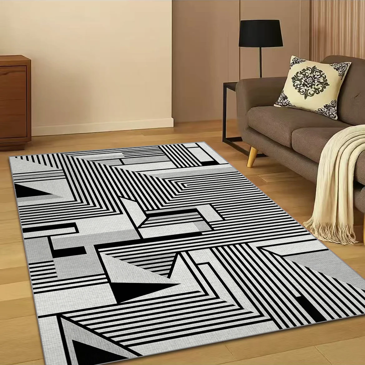 

Ковер VIKAMA Modern Abstract Grey Lines Crystal — асимметричный геометрический узор, гладкий ковер с низким ворсом для гостиной, спальни, прикроватной зоны