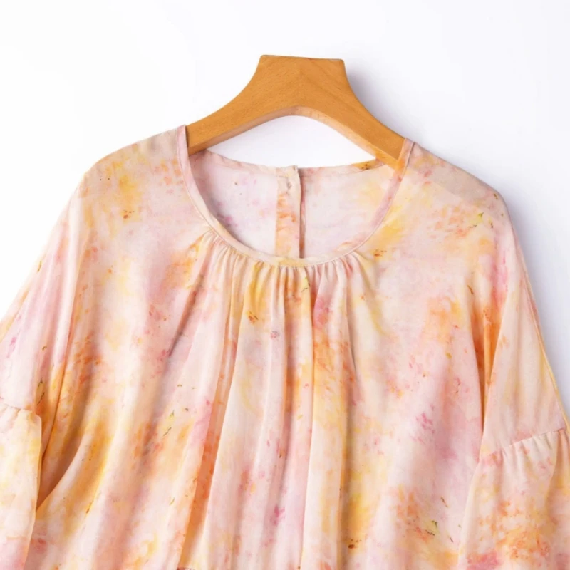 Birdtree, 100% Silk Print Tshirt, 3/4 Sleeve O-neck Smock, Women Sheer Georgette Sun Protection Shirt, 2026 Autumn New T68405JF