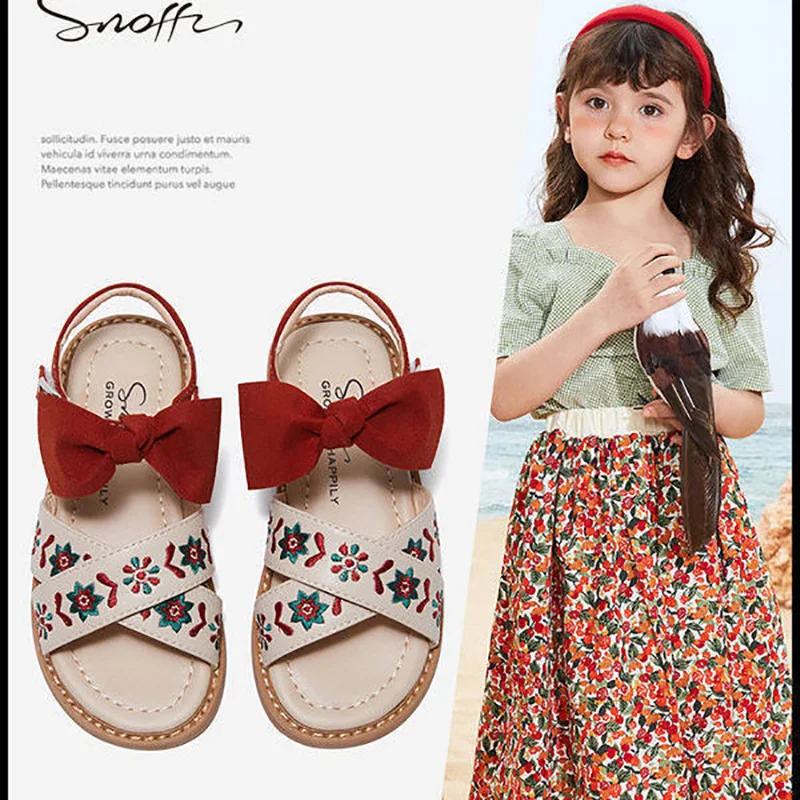 

Children Sandals for Girls Summer Elegant Retro Bow-Knot Kids Princess Wedding Party Dress Shoes Soft Sole Non Slip Beach Shoes