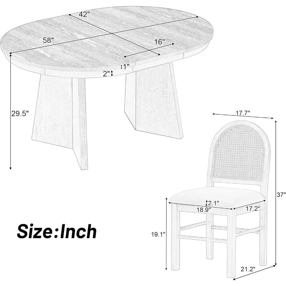 Mesa de jantar Conjunto de jantar de 5 peças, 4 cadeiras estofadas extensíveis sólidas e encostos de vime, conjunto de mesa de jantar (natural-7.7)