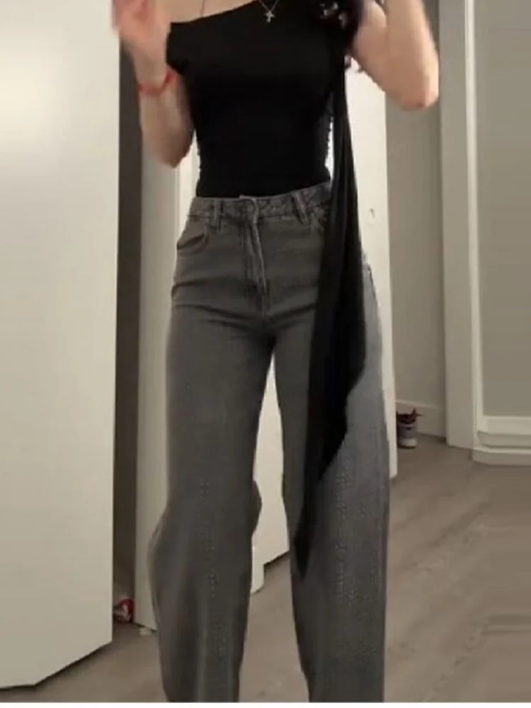 2026 글리터리 루즈핏 스트레이트 데님 팬츠 여성용 스타일리시 하이웨이스트 플로어 길이 레저 바지 신상 하이 스트리트웨어