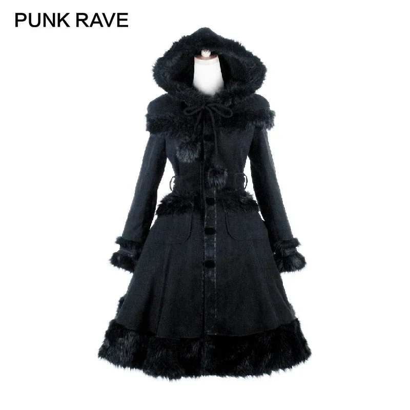 PUNK RAVE Lolita Sweet Women Woolen Red Black Coat Hat Hooded Patchwork  Dress Imitation Rabbit Fur Christmas Overcoat