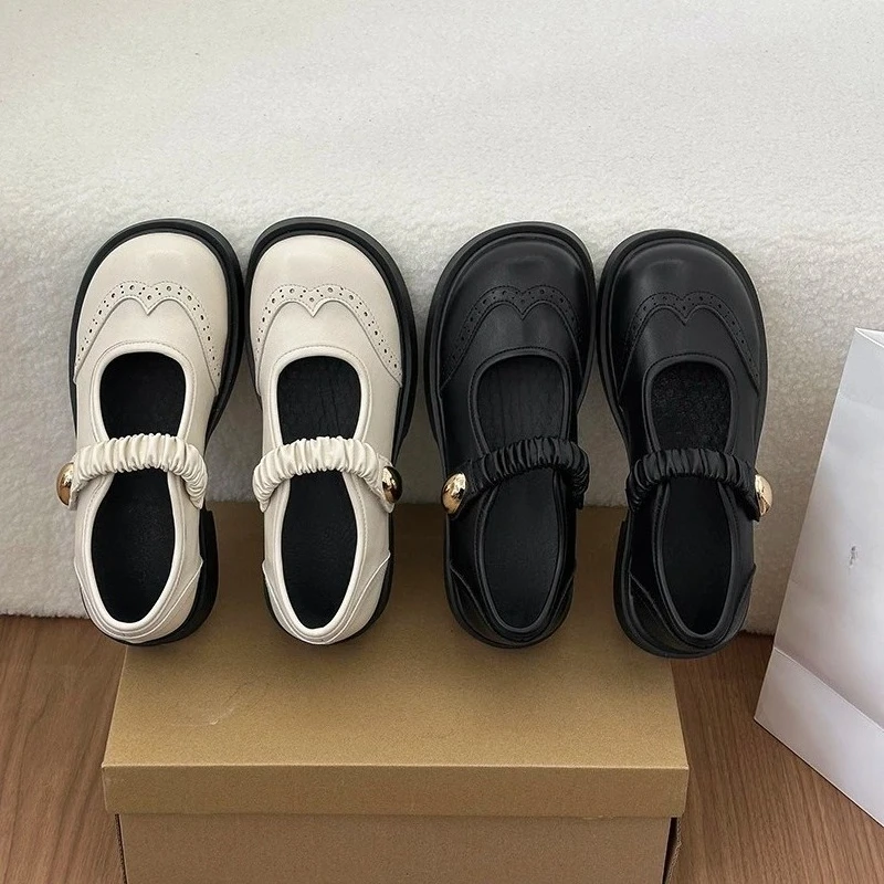 Retro Platform Mary Jane Shoes Spring New Round Toe Shallow Mouth Metal Buckle Non-slip Small Leather Shoes
