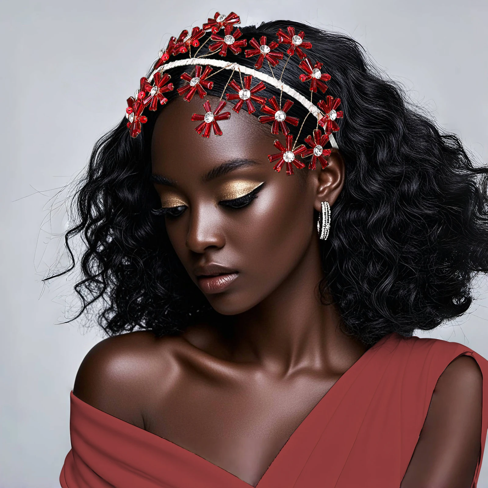 

HNNNS Red Crystal Flower Headband Elegant Bridal Wedding Hairbands Gentle Women's Headwear New Year Hair Accessories 2025 A404
