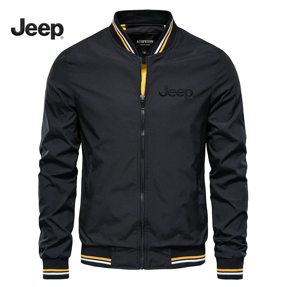 New JEEP Men's Black Slim Fit Bomber Jacket, Autumn Casual Versatile High Quality Workwear Outerwear with Baseball Collar