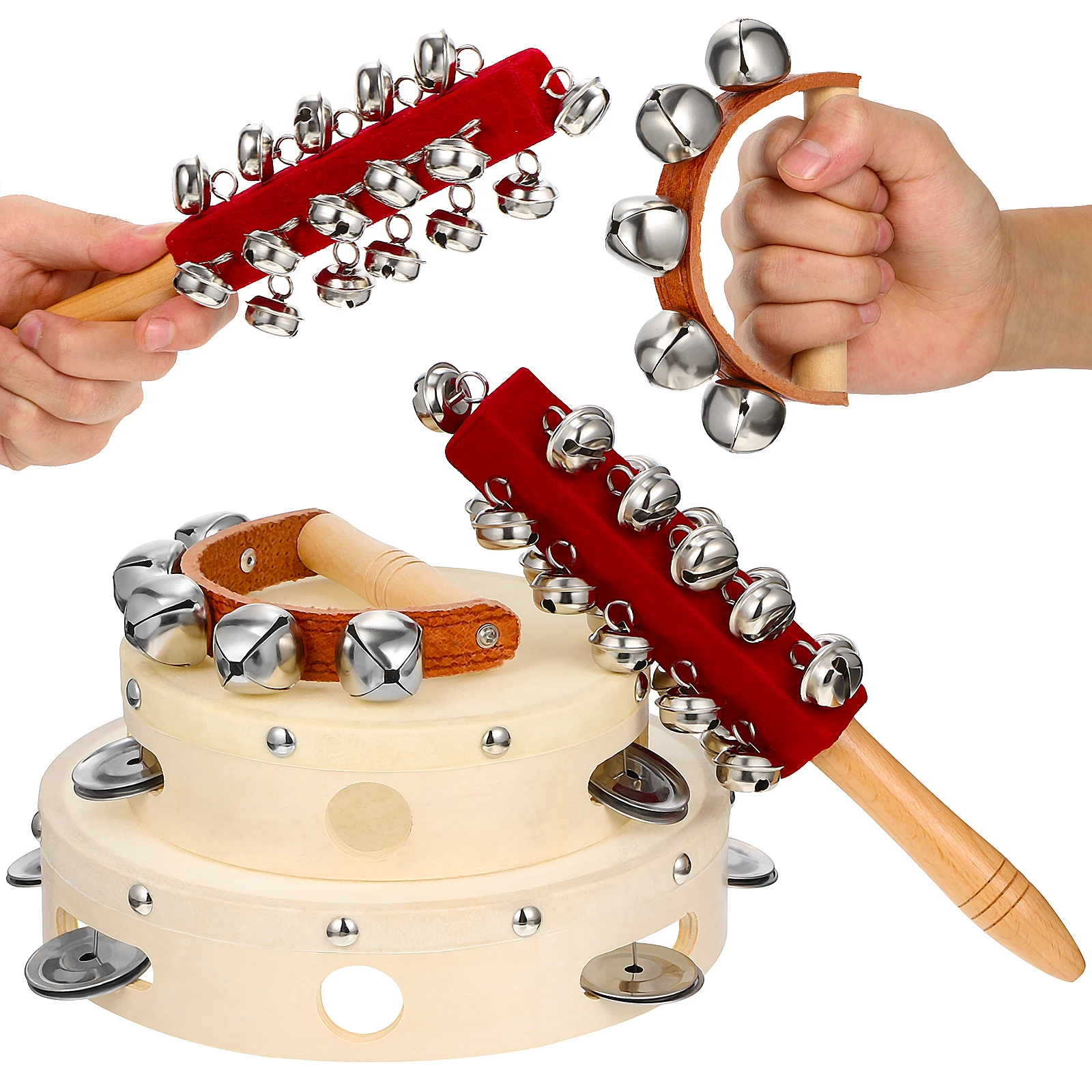 

4pcs Percussion Instruments Set 6inch 8inch Tambourines Bell Stick Kids Toys School Singing Musical