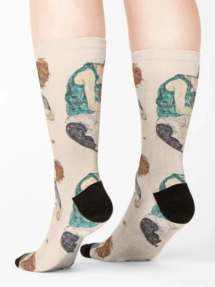 HD Seated Woman With Legs Drawn Up , by Egon Schiele - HIGH DEFINITION Socks Lots hip hop aesthetic Socks For Girls Men's
