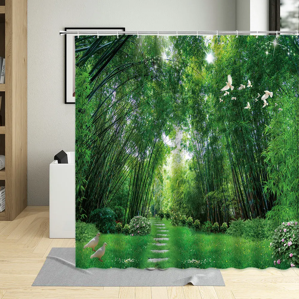 Sunlight Shine Mysterious Bamboo Forest Shower Curtain Set Spring Green Tree Woods Flower Pastoral Bathtub Curtains Home Decor