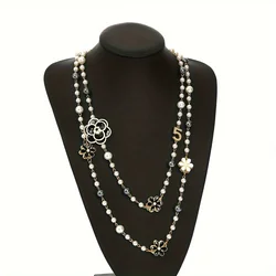 Japanese and Korean style number 5 Double layer flower imitation pearl long necklace Handmade beaded popular necklace