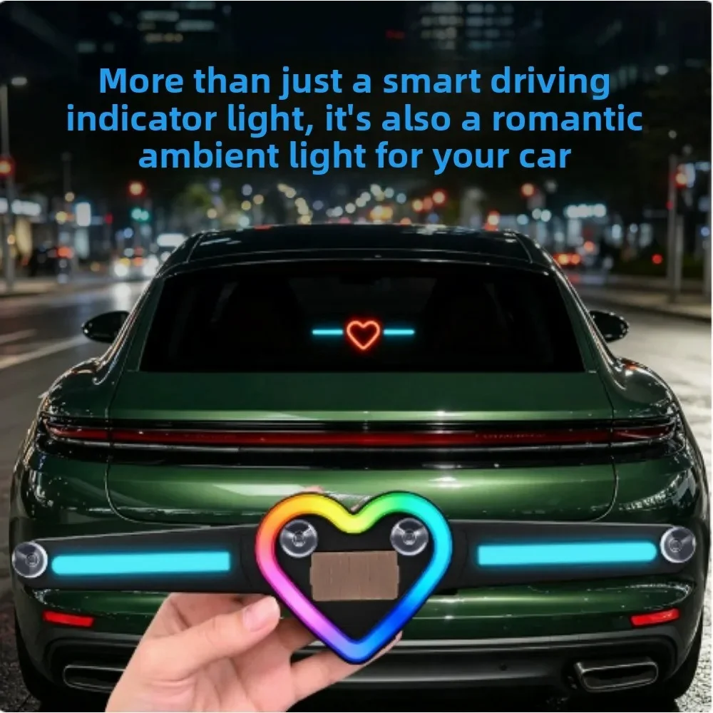 1PC Wireless Solar Car Warning Flash Light Heart Atmosphere Light RGB Rear Windshield Decorative Induction Flashing Lamp Bar