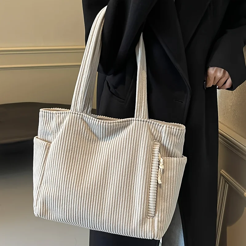 Casual Corduroy Zippered Handbag, Lightweight and Large Capacity, with Fixed Shoulder Strap, Solid Color for Daily Commuting, Shopping, and Outings - Baigou Style Random Handbag